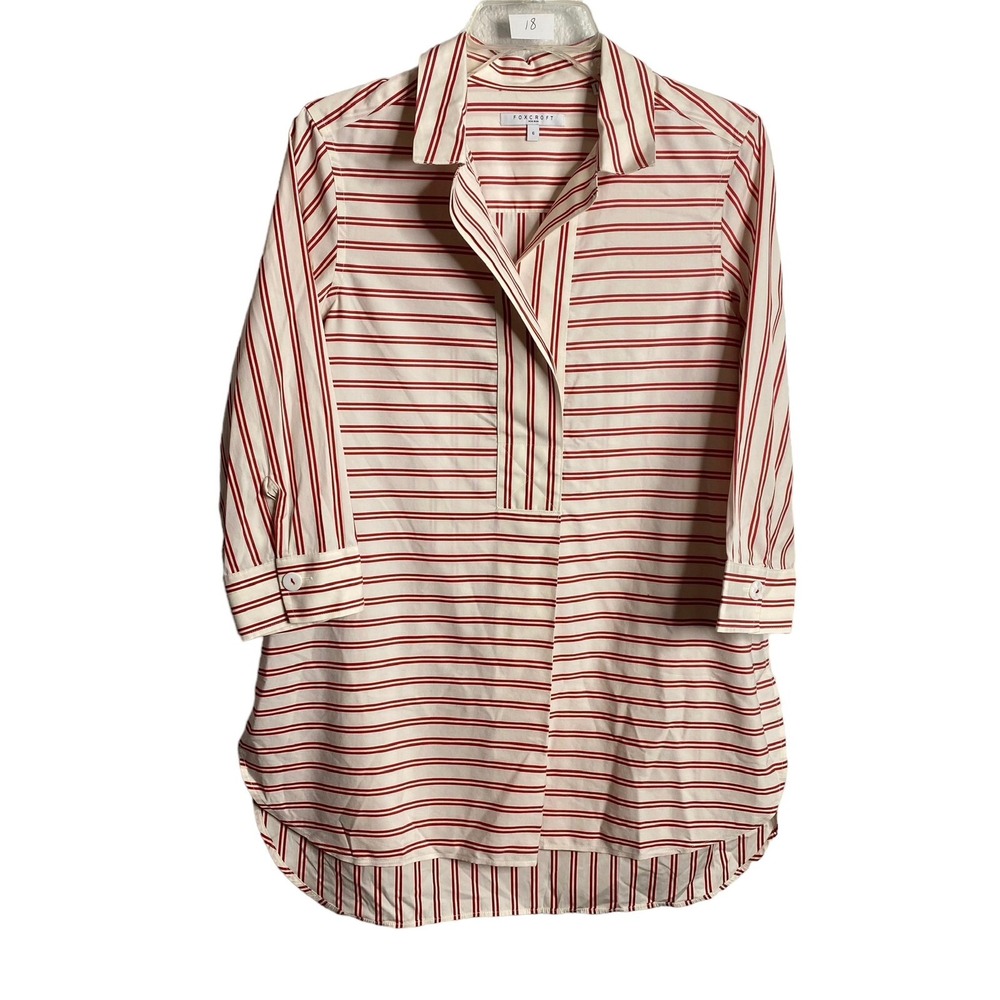 Foxcroft Non Iron Red White Striped 3/4 Sleeve Tunic Shirt Blouse Womens 6